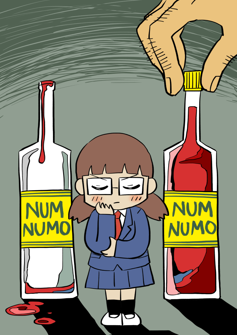 1boy, 1girl, bernard-jou_iwaku., black_socks, blue_jacket, blue_skirt, blunt_bangs, blush, bottle, brown_hair, chibi, closed_eyes, closed_mouth, dripping, facing_viewer, frown, glasses, green_background, hand_hair, hand_on_own_chin, hasegawa_sumika, jacket, kneehighs, legs_together, long_hair, long_sleeves, low_twintails, mini_person, minigirl, necktie, out_of_frame, pleated_skirt, red_necktie, sauce, school_uniform, shadow, shoes, simple_background, size_difference, skirt, socks, solo_focus, standing, stroking_own_chin, the_two_bottles_of_relish, thinking, twintails, v-shaped_eyebrows, white_footwear, y-take-it