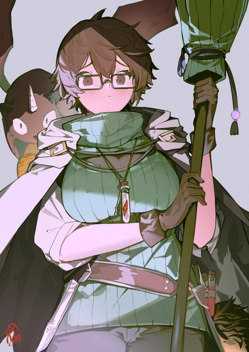 1girl, archfiend_marmot_of_nefariousness, aussa_(yu-gi-oh!), aussa_the_earth_channeler, breasts, brown_eyes, brown_hair, cape