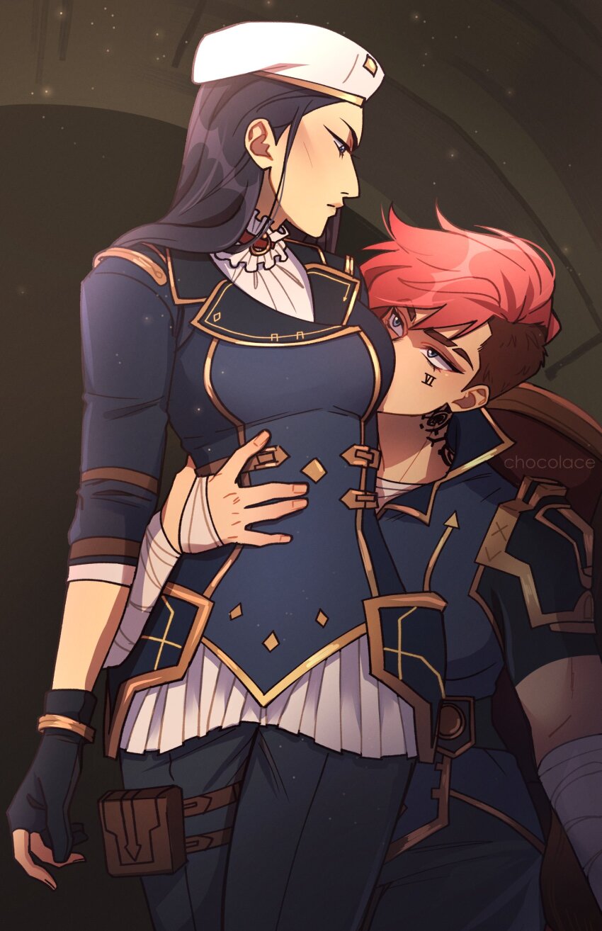 2girls, absurdres, arcane:_league_of_legends, arcane_caitlyn, arcane_vi, artist_name, asymmetrical_hair, bandaged_arm, bandages, belt, black_belt, black_gloves, black_pants, blush, breasts, caitlyn_(league_of_legends), cchocolace, character_name, facial_tattoo, fingerless_gloves, gloves, hat, highres, kissing_breast, large_breasts, league_of_legends, looking_at_another, multiple_girls, pants, pouch, red_hair, short_sleeves, sidecut, tattoo, thigh_pouch, undercut, vi_(league_of_legends), white_hat, yuri