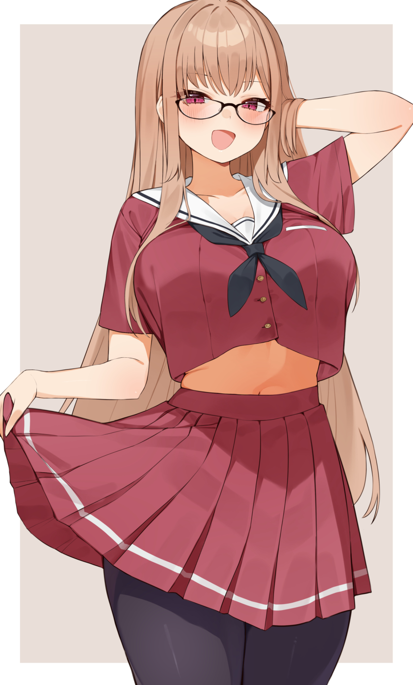 1girl, :d, absurdres, black-framed_eyewear, black_neckerchief, black_pantyhose, blush, border