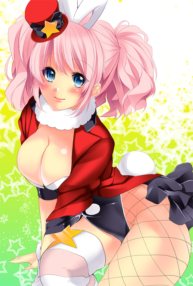 1girl, animal_ears, asymmetrical_clothes, bad_id, bad_pixiv_id, blue_eyes, blush, breasts, female_focus, fishnet_thighhighs, fishnets, hat, large_breasts, mini_hat, mini_top_hat, original, pink_hair, rabbit_ears, rabbit_tail, short_twintails, solo, star_(symbol), tail, thighhighs, top_hat, twintails, yu_(bkks)
