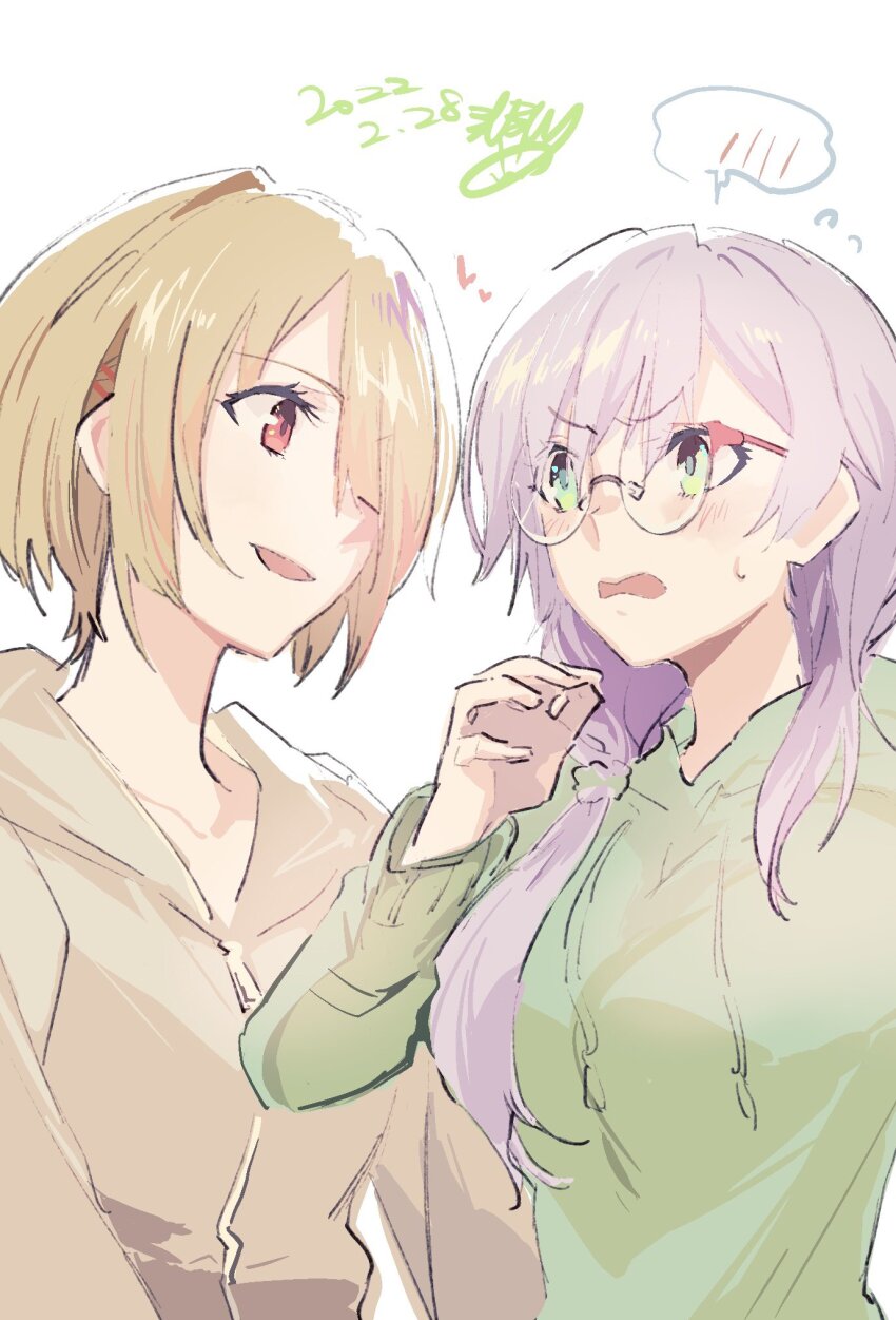 2girls, blonde_hair, glasses, green_eyes, grey_hair, hair_ornament, hair_over_one_eye, hair_over_shoulder