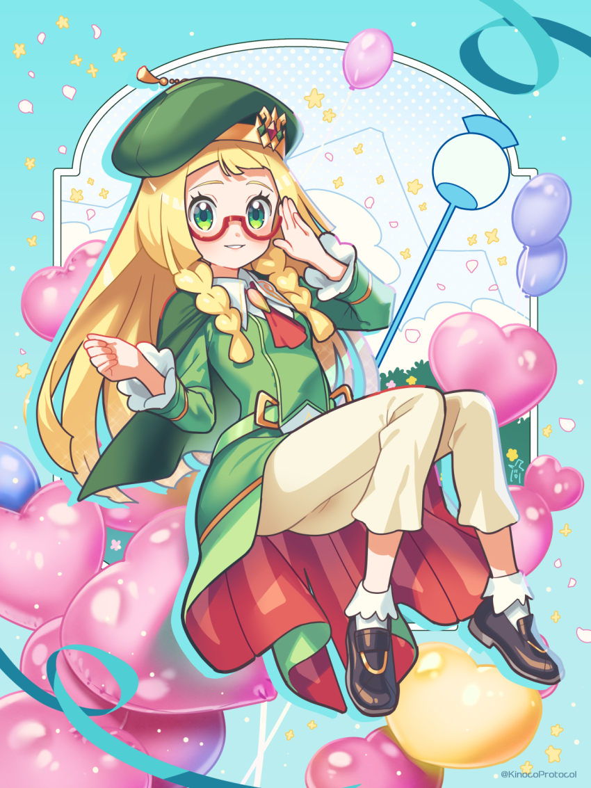 1girl, adjusting_eyewear, ascot, balloon, bianca_(champion)_(pokemon), bianca_(pokemon), bianca_(pokemon)_(cosplay), blonde_hair