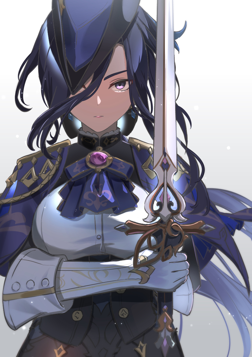 1girl, absolution_(genshin_impact), absurdres, ascot, black_corset, black_skirt, blue_ascot, blue_cape