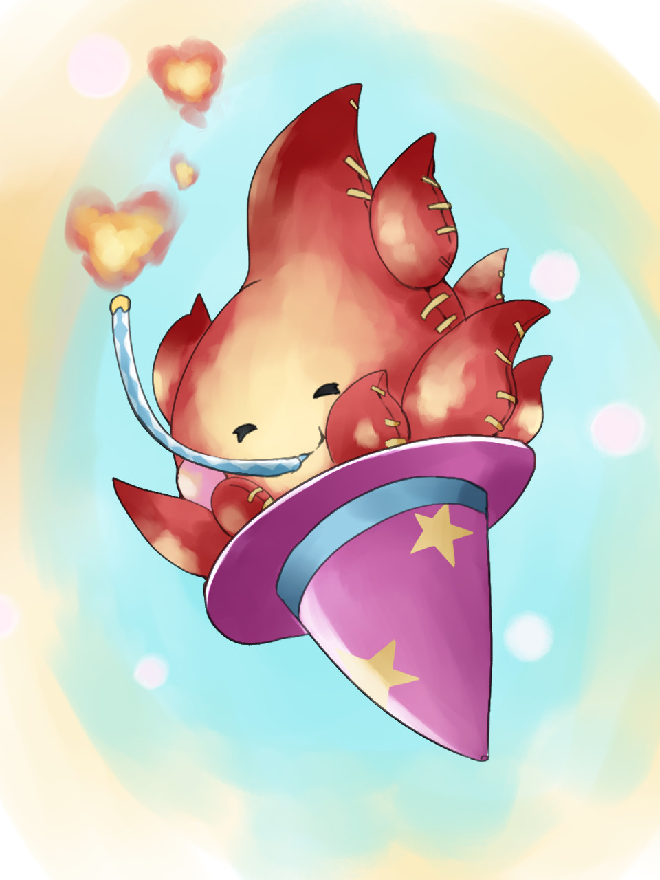 closed_eyes, duel_monster, fire, hat, heart, highres, no_humans, performage_plushfire