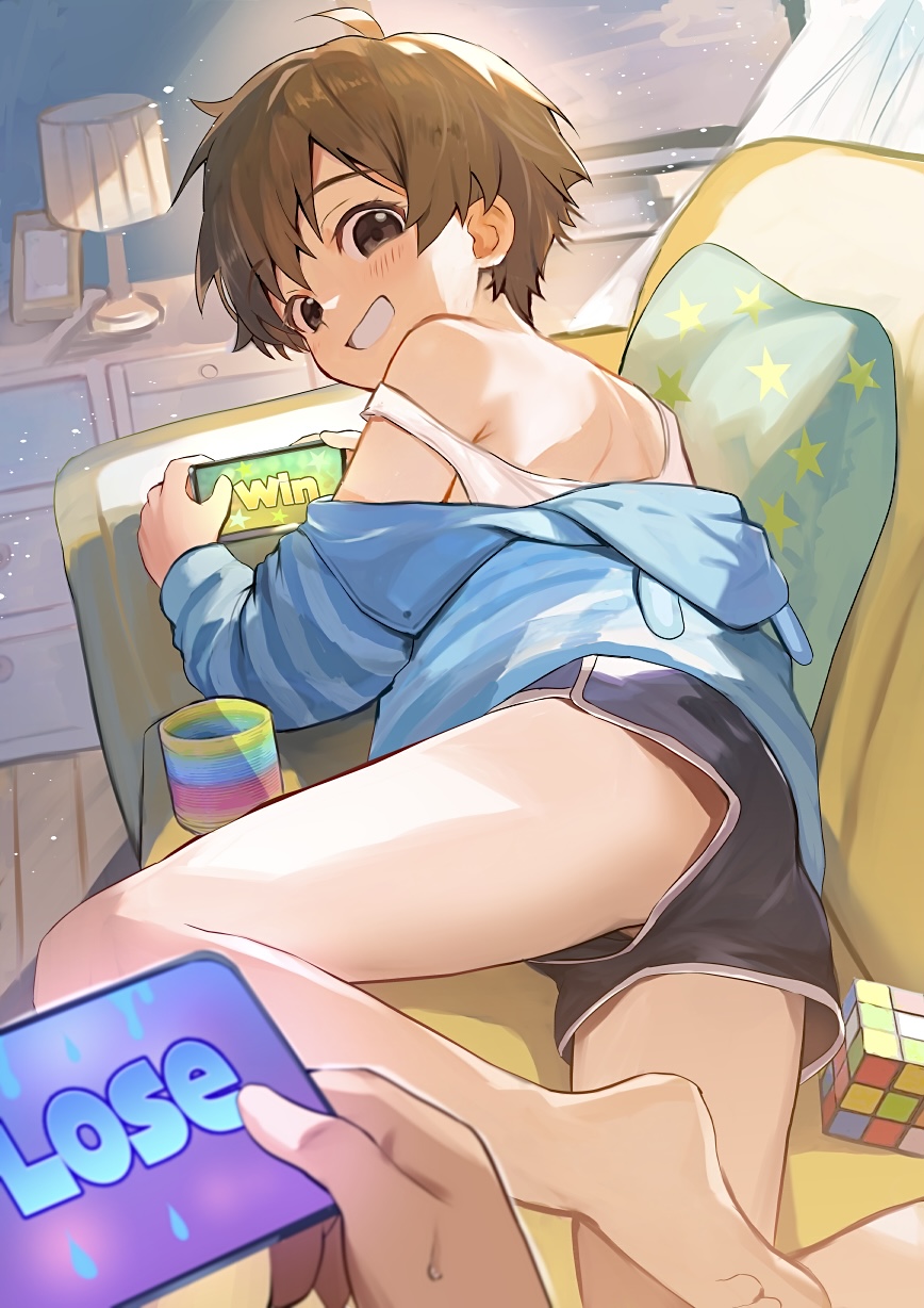 2boys, ass, barefoot, black_eyes, blue_jacket, brown_hair, cellphone, cocolo_(co_co_lo), couch, dolphin_shorts, from_behind, grin, highres, holding, holding_phone, hood, hooded_jacket, jacket, lamp, legs, looking_back, lying, male_focus, multiple_boys, no_male_underwear, original, phone, playing_games, playing_video_games, rubik's_cube, short_hair, short_shorts, shorts, shota, slinky, smartphone, smile, solo_focus, strap_slip, tank_top, testicle_peek, testicles, thighs, upshorts, white_tank_top, wooden_floor