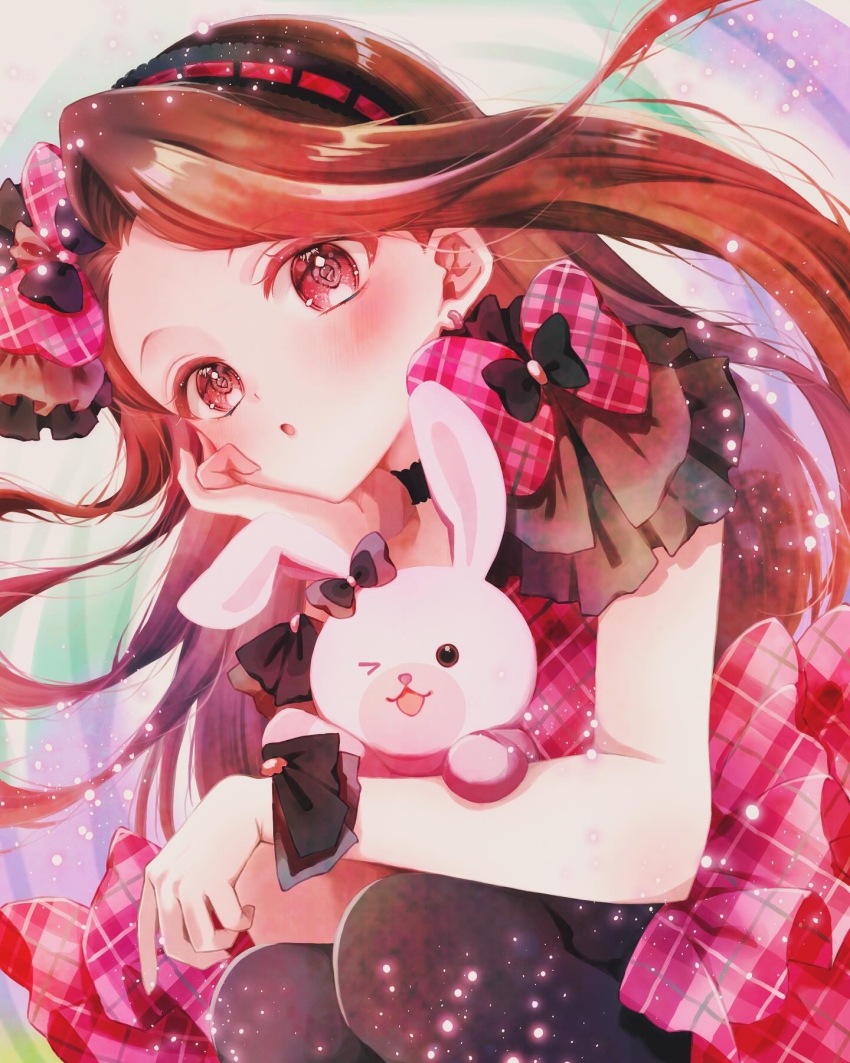 1girl, :o, blush, bow, brown_hair, dress, forehead, hand_on_own_cheek