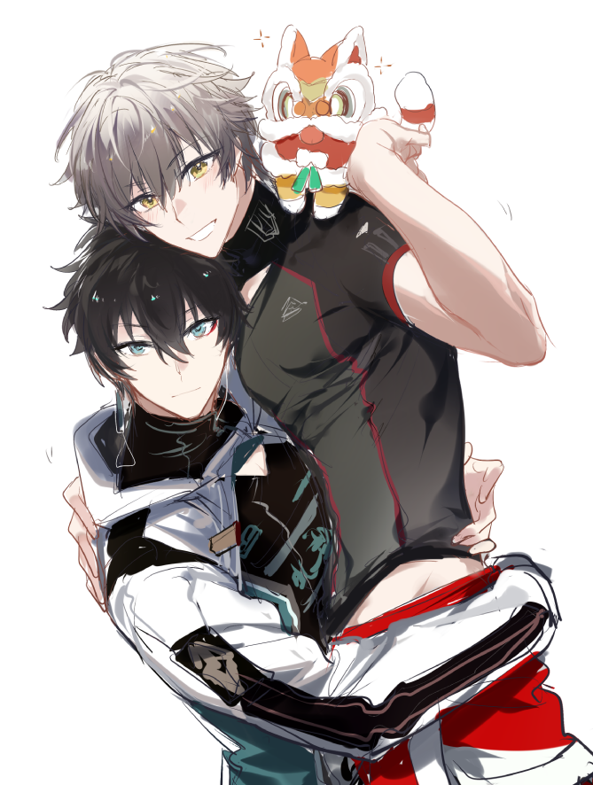 2boys, black_hair, caelus_(honkai:_star_rail), dan_heng_(honkai:_star_rail), green_eyes, grey_hair, honkai:_star_rail, honkai_(series)