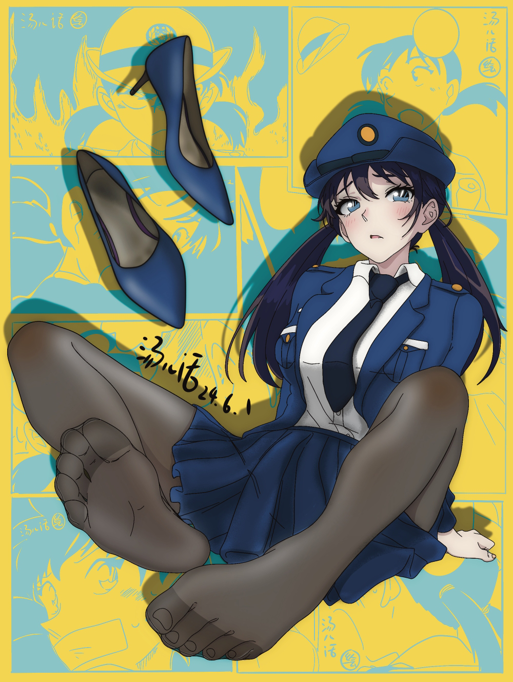 1girl, black_hair, blue_eyes, blush, feet, highres, long_hair, looking_at_viewer, low_twintails, meitantei_conan, miike_naeko, pantyhose, parted_lips, police, police_uniform, policewoman, shoes, soles, tangerhua, toes, twintails, unworn_shoes