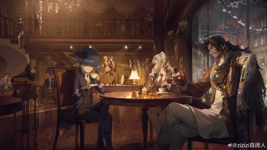 2boys, 5girls, absurdres, arcana_(reverse:1999), ascot, beard_stubble, black_coat, black_footwear