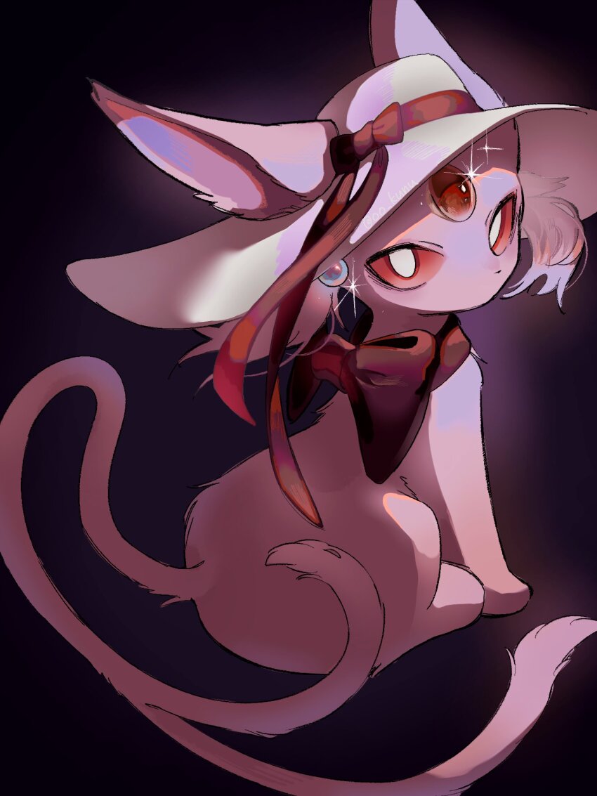 bow, clothed_pokemon, espeon, forehead_jewel, forked_tail, full_body, gen_2_pokemon, hat