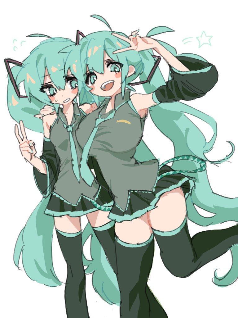 2girls, alternate_breast_size, ao_6336, aqua_eyes, aqua_hair, aqua_nails, aqua_necktie, arm_around_shoulder