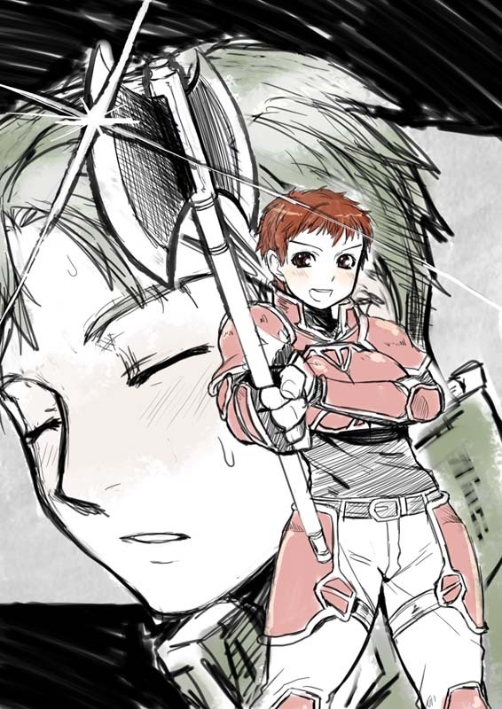 1boy, 1girl, armor, axe, blush, brown_eyes, fingerless_gloves, fire_emblem, fire_emblem:_path_of_radiance, gauntlets, genderswap, genderswap_(mtf), gloves, kieran_(fire_emblem), nintendo, oscar_(fire_emblem), red_hair, short_hair, smile, sweatdrop, very_short_hair, weapon, yajiro_masaru