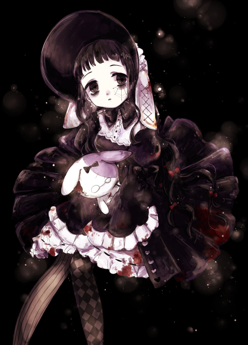 1girl, abstract_background, absurdres, asymmetrical_legwear, bags_under_eyes, black_background, black_dress, black_eyes