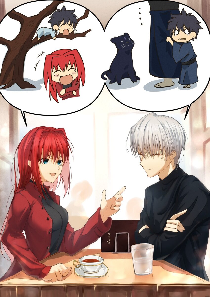 1boy, 1girl, aozaki_aoko, black_hair, black_shirt, blue_eyes, coat, crying