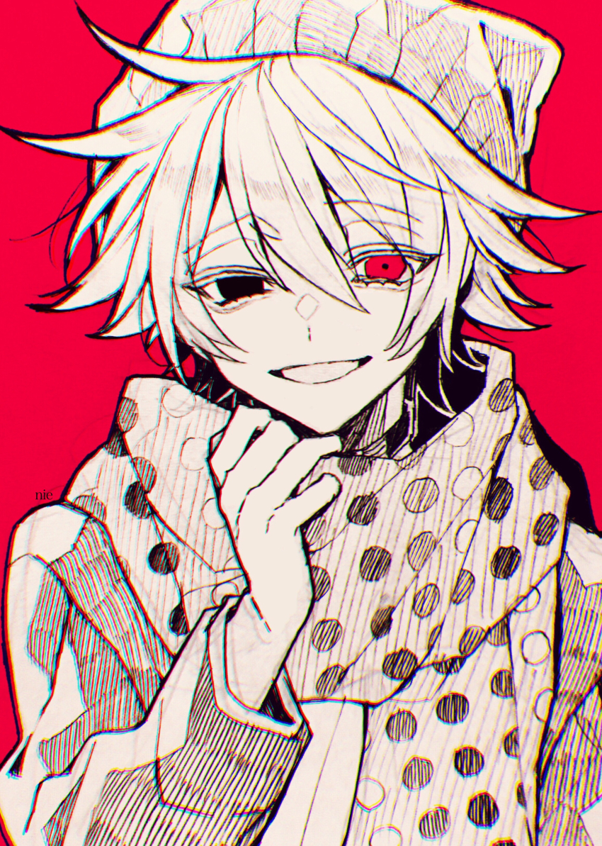 1boy, absurdres, beanie, black_eyes, collar, grin, hat, heterochromia