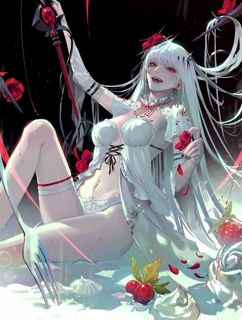 1girl, absurdres, black_nails, burnt_clothes, chain, coquelic_(path_to_nowhere), detached_sleeves, earrings, evil_smile, fangs, flower, food, fork, fruit, hair_flower, hair_ornament, highres, holding, holding_sword, holding_weapon, jewelry, knee_up, long_hair, looking_at_viewer, looking_down, midriff, nail_polish, navel, navel_piercing, pastry, path_to_nowhere, piercing, red_eyes, red_flower, sitting, smile, solo, sword, teeth, thigh_strap, torn_clothes, very_long_hair, volff, weapon, white_hair