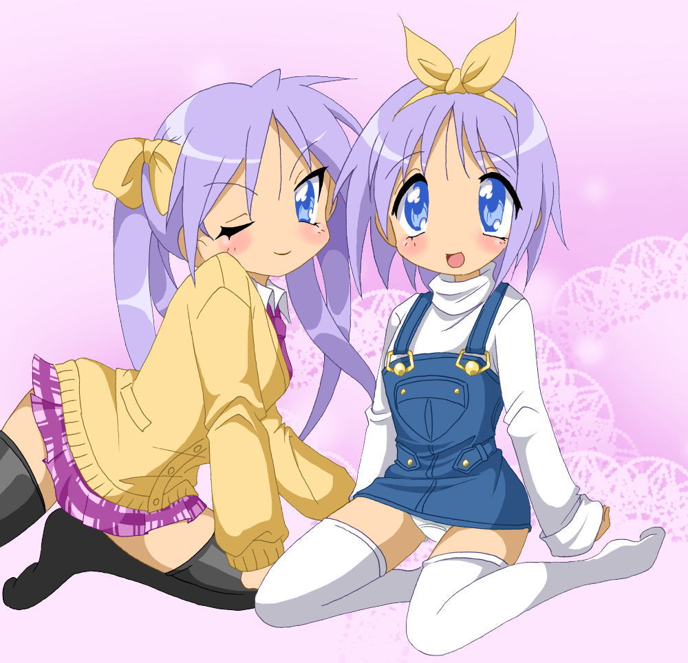 2girls, black_thighhighs, blue_eyes, closed_mouth, female_focus, full_body, hair_ribbon, hiiragi_kagami