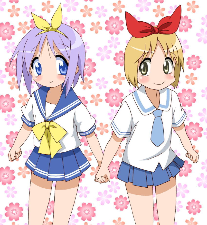 2girls, annaka_haruna, blue_eyes, blue_sailor_collar, brown_hair, crossover, female_focus, flower