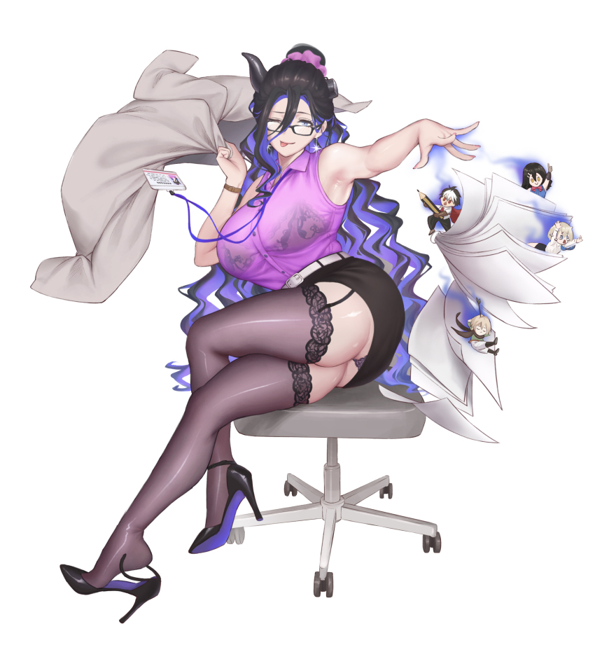 2boys, 3girls, 57lc, absurdres, armpits, ass, belt, black_footwear, black_hair, black_skirt, bra, breasts, broken_horn, brown_dust_(series), brown_dust_2, brown_thighhighs, chair, chibi, colored_inner_hair, crossed_legs, demon_girl, demon_horns, earrings, eclipse_(brown_dust), eyebrows_hidden_by_hair, full_body, garter_belt, gray_(brown_dust), hair_between_eyes, hair_ornament, hair_scrunchie, high_heels, highres, holding, holding_jacket, holding_pencil, holding_unworn_clothes, horns, id_card, jacket, jewelry, justia_(brown_dust), lace, lace_bra, lanyard, large_breasts, lathel_(brown_dust), long_hair, multicolored_hair, multiple_boys, multiple_girls, office_chair, office_lady, one_eye_closed, panicking, panties, panty_peek, paper, pencil, pointing, pointing_up, purple_hair, purple_panties, purple_shirt, scheherazade_(brown_dust), scrunchie, see-through_clothes, see-through_shirt, shirt, simple_background, sitting, skirt, sleeveless, sleeveless_shirt, smile, stiletto_heels, swivel_chair, thighhighs, throwing, tongue, tongue_out, two-tone_hair, underwear, unworn_footwear, unworn_jacket, very_long_hair, white_background