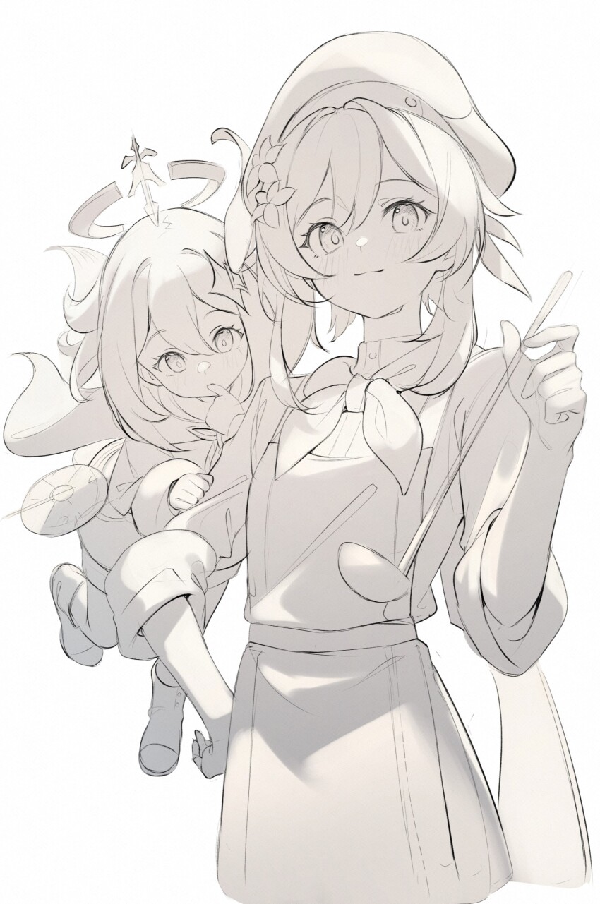 2girls, apron, chef, chef_hat, flower, genshin_impact, hair_flower, hair_ornament