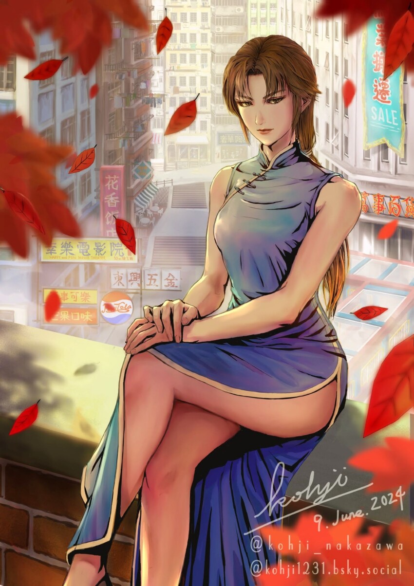 1girl, architecture, balcony, bare_arms, bare_shoulders, blue_dress, bluesky_username, blurry, blurry_foreground, breasts, brick_wall, brown_eyes, brown_hair, building, cafe, china_dress, chinese_clothes, chinese_text, city, closed_mouth, clothesline, collared_dress, crossed_legs, dated, day, dress, east_asian_architecture, expressionless, falling_leaves, hair_between_eyes, hand_on_own_knee, highres, hong_kong, hong_xiu_ying, kohji, leaf, long_hair, looking_at_viewer, low-tied_long_hair, medium_breasts, outdoors, own_hands_together, parted_bangs, pepsi, scenery, shenmue, shenmue_ii, side_slit, sidelocks, signature, simplified_chinese_text, sitting, solo, stairs, thighs, twitter_username