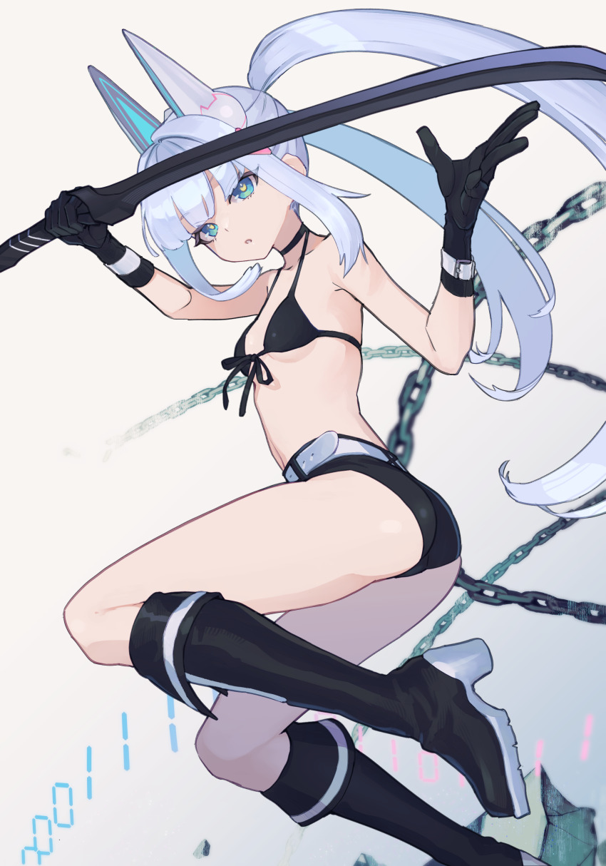 1girl, absurdres, armpit_crease, ass, bikini, bikini_top_only, black_bikini, black_boots, black_choker, black_gloves, black_rock_shooter, black_rock_shooter_(character), black_rock_shooter_(character)_(cosplay), black_shorts, blue_eyes, boots, breasts, choker, commission, cosplay, eien_project, gloves, highres, holding, holding_sword, holding_weapon, jacket, knee_boots, long_hair, looking_at_viewer, nanimo_navi, parted_lips, robot_ears, sea_chicken_(umichicken), second-party_source, shorts, simple_background, small_breasts, solo, swimsuit, sword, twintails, virtual_youtuber, weapon, white_background, white_hair