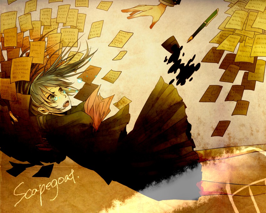 1girl, female_focus, flying_paper, hatsune_miku, ink, outstretched_hand, paper, pen