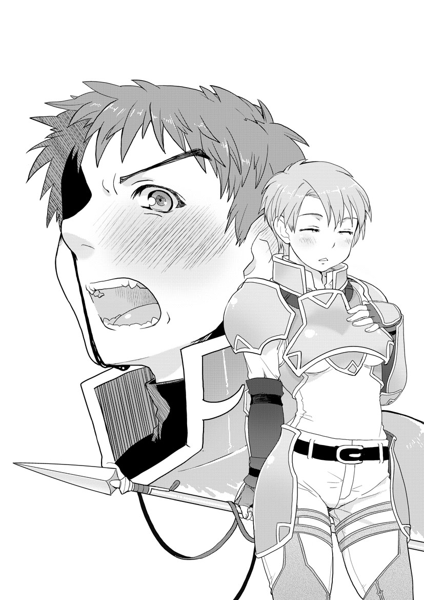 1boy, 1girl, armor, blood, blush, closed_eyes, fingerless_gloves, fire_emblem