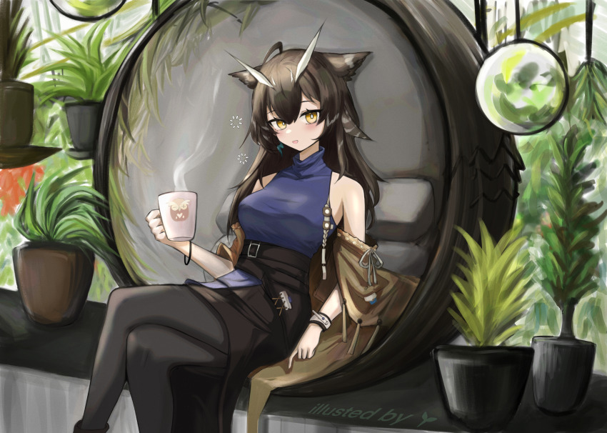 1girl, absurdres, arknights, arshuw, bare_shoulders, belt, black_belt, black_pantyhose, black_sash, black_skirt, blue_shirt, blush, bright_pupils, brown_hair, coffee_mug, commentary, commentary_request, crossed_legs, cup, english_commentary, feet_out_of_frame, grey_hair, highres, holding, holding_cup, indoors, long_hair, looking_at_viewer, mixed-language_commentary, mug, multicolored_hair, off_shoulder, official_alternate_costume, open_mouth, pantyhose, partial_commentary, plant, potted_plant, sash, shirt, silence_(arknights), silence_the_paradigmatic_(arknights), silence_the_paradigmatic_(habitat)_(arknights), sitting, skirt, sleeveless, sleeveless_shirt, solo, squeans, steam, streaked_hair, turtleneck, turtleneck_shirt, watermark, white_pupils, yellow_eyes