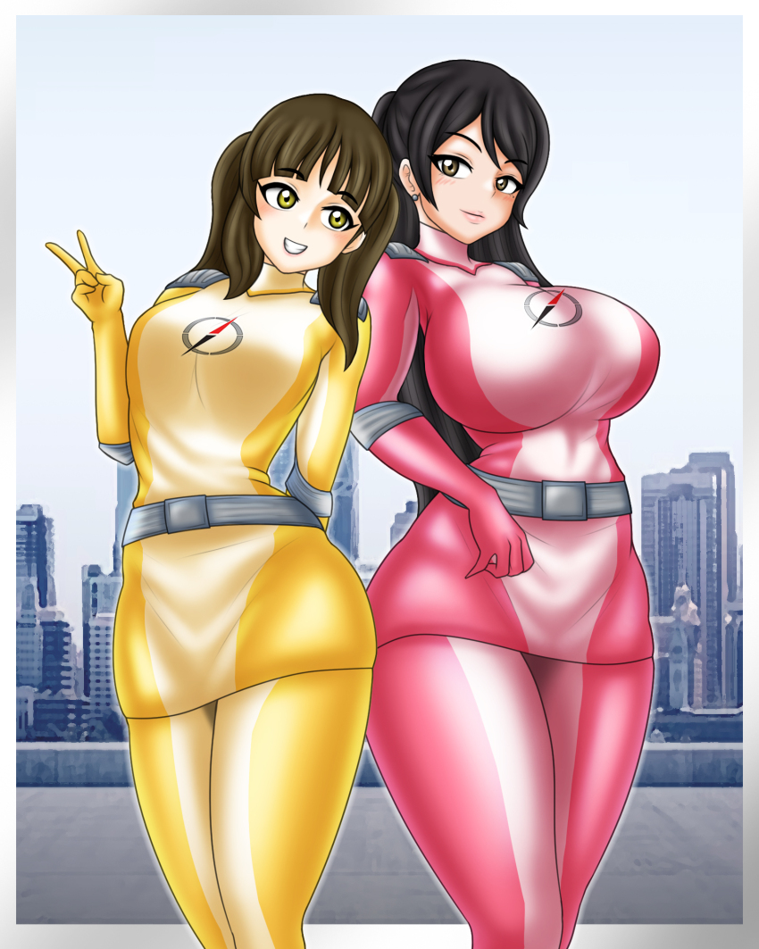 2girls, black_hair, bodysuit, brown_eyes, brown_hair, gogo_sentai_boukenger, hazel_eyes, highres, mamiya_natsuki, multiple_girls, nishihori_sakura, missing_headwear, olive_eyes, pin_up, super_sentai, treezero