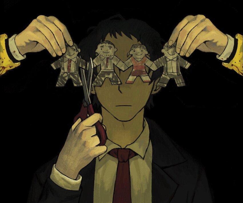 1boy, adachi_tooru, black_jacket, blending, collared_shirt, commentary, covering_another's_eyes, doujima_nanako, doujima_ryoutarou, english_commentary, facing_viewer, frown, highres, holding, holding_scissors, izanami_(persona), jacket, long_sleeves, male_focus, narukami_yu, necktie, paper_doll, paper_doll_chain, persona, persona_4, red_necktie, scissors, shirt, spoilers, tunneisnakes, upper_body, white_shirt, yellow_sleeves