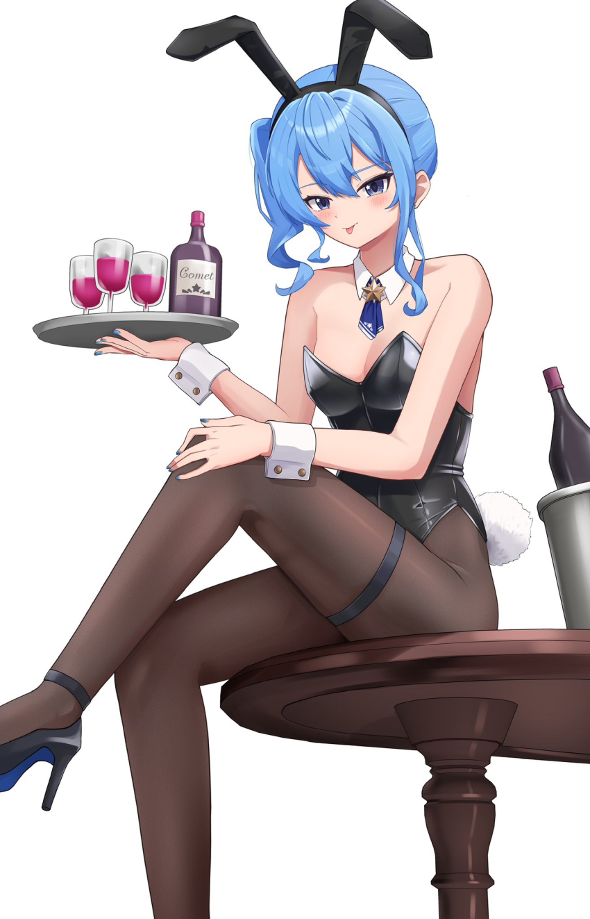 1girl, :p, animal_ears, bare_shoulders, black_leotard, blue_eyes, blue_hair, blue_necktie