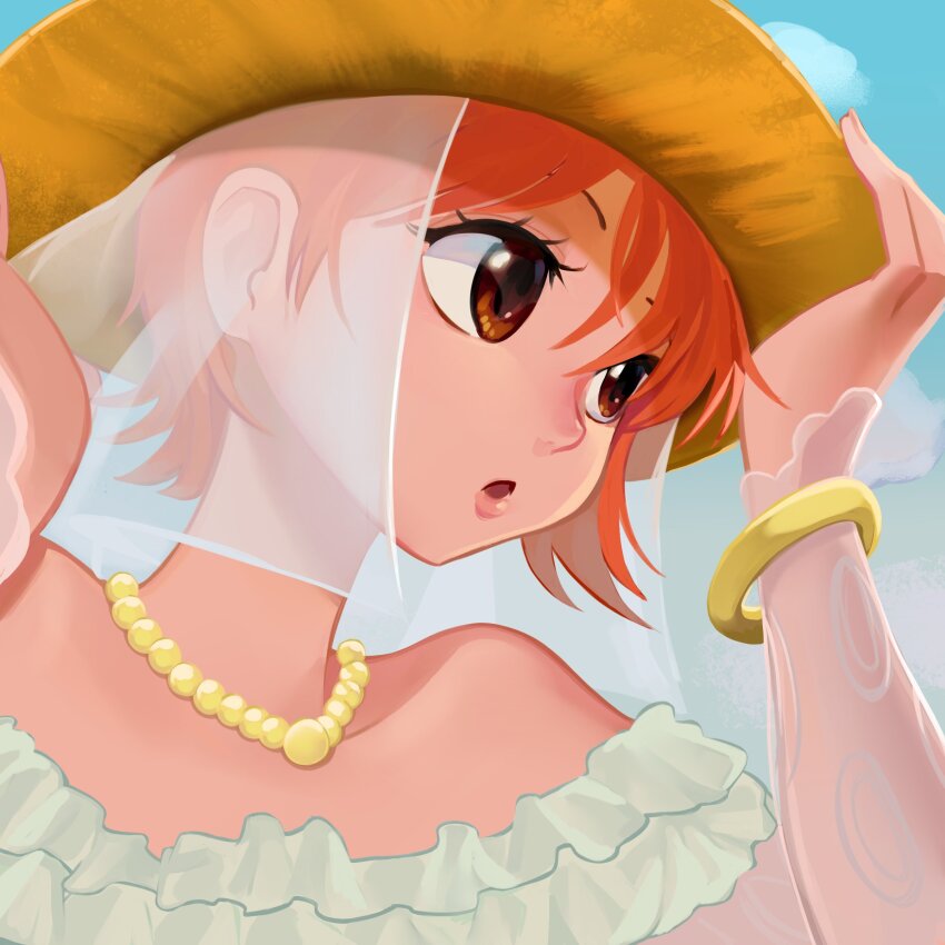 1girl, absurdres, bangle, bare_shoulders, blue_sky, bracelet, bridal_veil, brown_eyes, cloud, cloudy_sky, commentary, dress, english_commentary, frilled_dress, frills, hands_on_headwear, hat, highres, jewelry, kurrentlaire, looking_to_the_side, nami_(one_piece), necklace, off-shoulder_dress, off_shoulder, official_alternate_costume, one_piece, one_piece:_clockwork_island_adventure, open_mouth, orange_hair, outdoors, pearl_necklace, pink_lips, see-through_clothes, see-through_sleeves, short_hair, sky, solo, straw_hat, upper_body, veil, wedding_dress, white_dress, yellow_hat