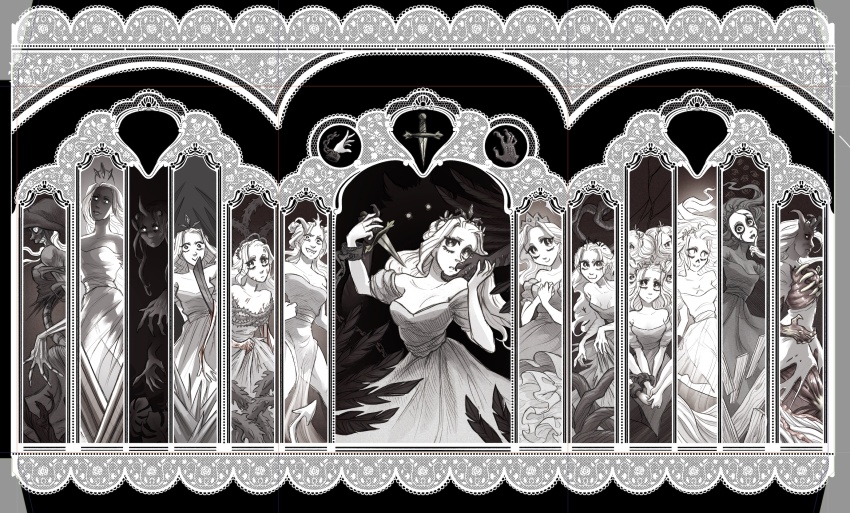 abby_howard, bird_boy, breasts, cleavage, crown_of_thorns, dress, extra_faces, glowing, glowing_eyes, hand_on_another's_face, highres, official_art, plant, princess_(slay_the_princess), promotional_art, scratches, slay_the_princess, smile, the_adversary_(slay_the_princess), the_beast_(slay_the_princess), the_damsel_(slay_the_princess), the_eye_of_the_needle_(slay_the_princess), the_fury_(slay_the_princess), the_hero_(slay_the_princess), the_nightmare_(slay_the_princess), the_razor_(slay_the_princess), the_shifting_mound_(slay_the_princess), the_spectre_(slay_the_princess), the_stranger_(slay_the_princess), the_thorn_(slay_the_princess), the_tower_(slay_the_princess), the_witch_(slay_the_princess), the_wraith_(slay_the_princess), thorns, tiara, vines