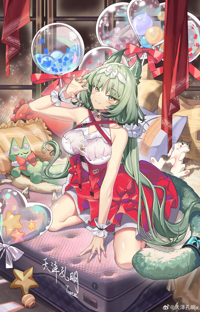 1girl, :3, absurdres, animal, animal_ears, arknights, artist_name, balloon