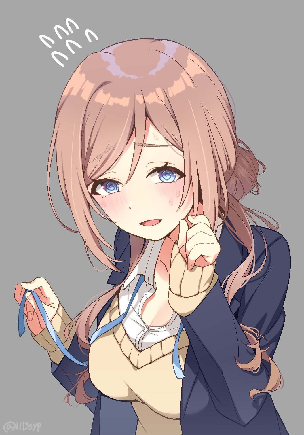 1113syp, 1girl, @_@, black_jacket, blazer, blue_eyes, blue_ribbon, blush