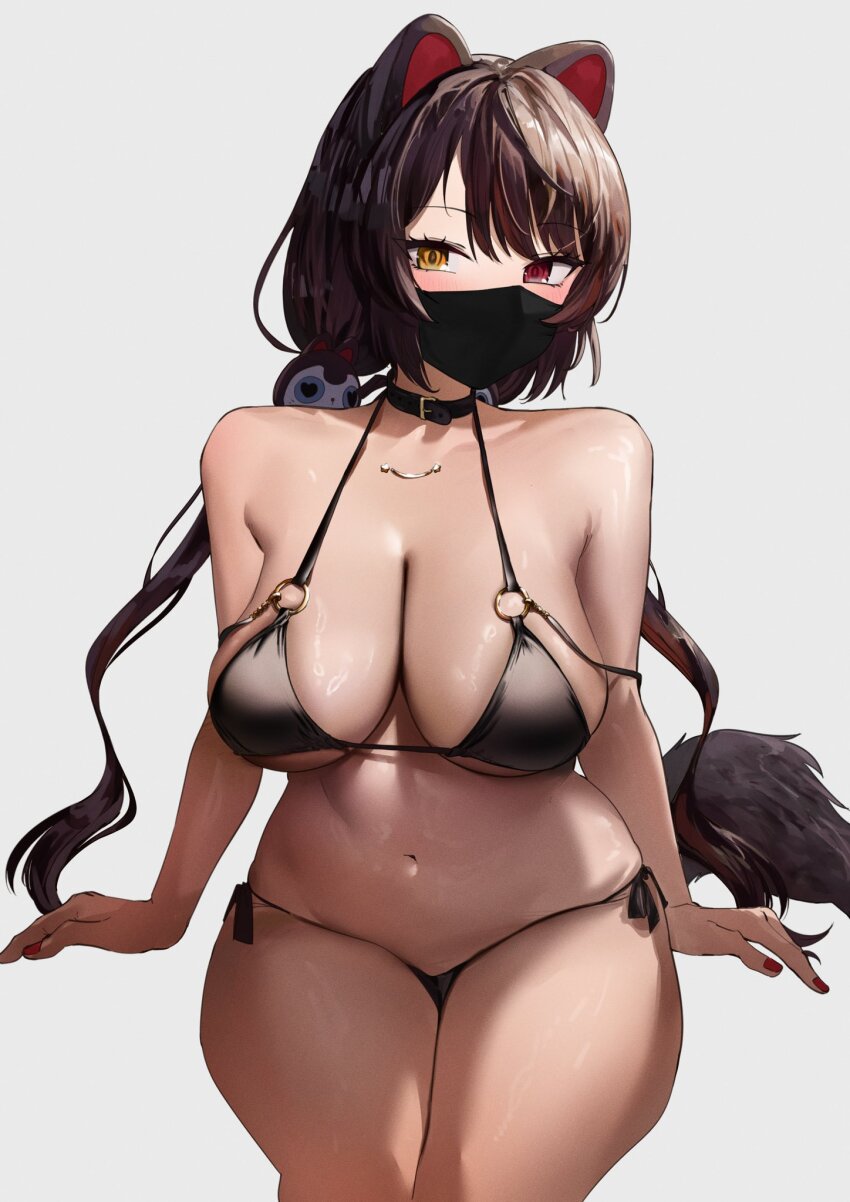 1girl, animal_ears, ban_(inui_toko), bikini, black_bikini, black_collar, black_mask, breasts