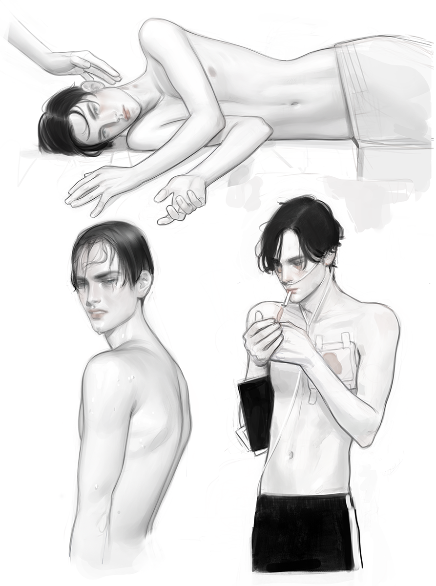 1boy, cigarette, highres, lighting_cigarette, lying, male_focus, monochrome, mouth_hold, navel, nipples, on_side, reggie_(rustfiends), rustfiends, short_hair, smoking, topless_male, ulrikbadass, white_background