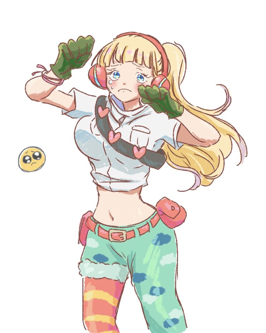 0h_my_god, 1girl, belt_pouch, blonde_hair, blue_eyes, bracelet, closed_mouth, commentary, cowboy_shot, cropped_jacket, crying, gloves, green_gloves, headphones, hibari_(one_piece), highres, jacket, jewelry, looking_at_viewer, navel, one_piece, pantyhose, ponytail, pouch, simple_background, solo, untranslatable_commentary, white_jacket