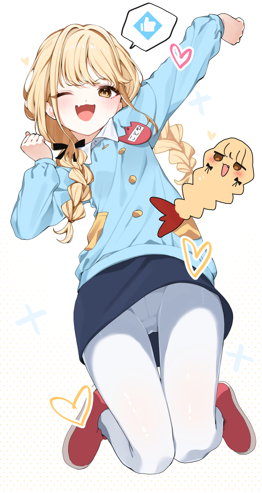 1girl, ;d, absurdres, arm_up, blonde_hair, blue_shirt, blue_skirt, braid, commentary, fang, food, fujita_kotone, gakuen_idolmaster, gang_h, heart, highres, idolmaster, jumping, kindergarten_uniform, long_hair, long_sleeves, looking_at_viewer, name_tag, one_eye_closed, open_mouth, pantyhose, red_footwear, shirt, shrimp, shrimp_tempura, skin_fang, skirt, smile, smock, solo, spoken_emoji, tempura, thigh_gap, thumbs_up_emoji, twin_braids, white_pantyhose