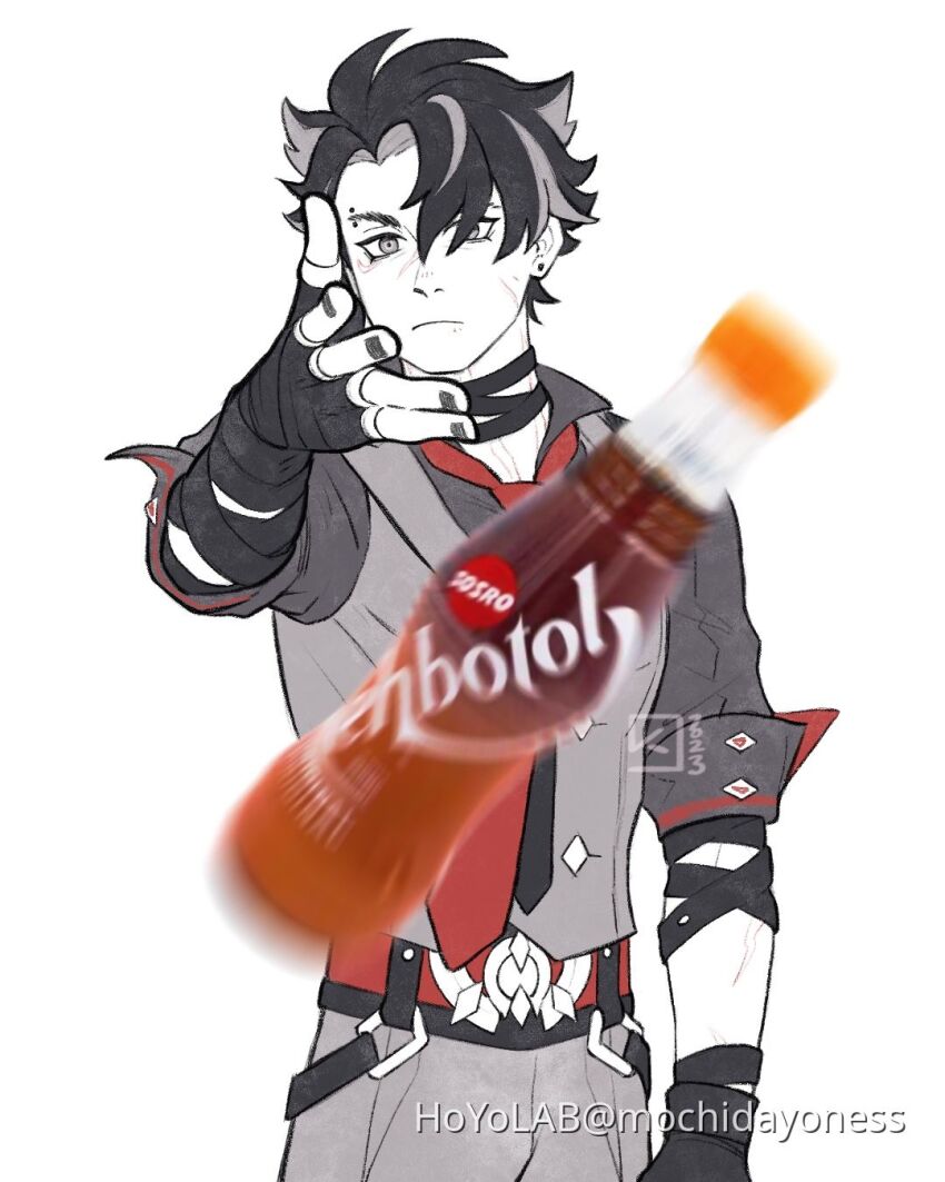 1boy, artist_name, black_choker, black_gloves, black_hair, black_shirt, choker, commentary