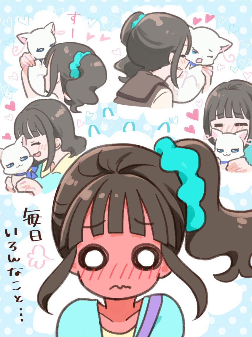 2girls, blush, cat, cuddling, dress, embarrassed, highres, hug