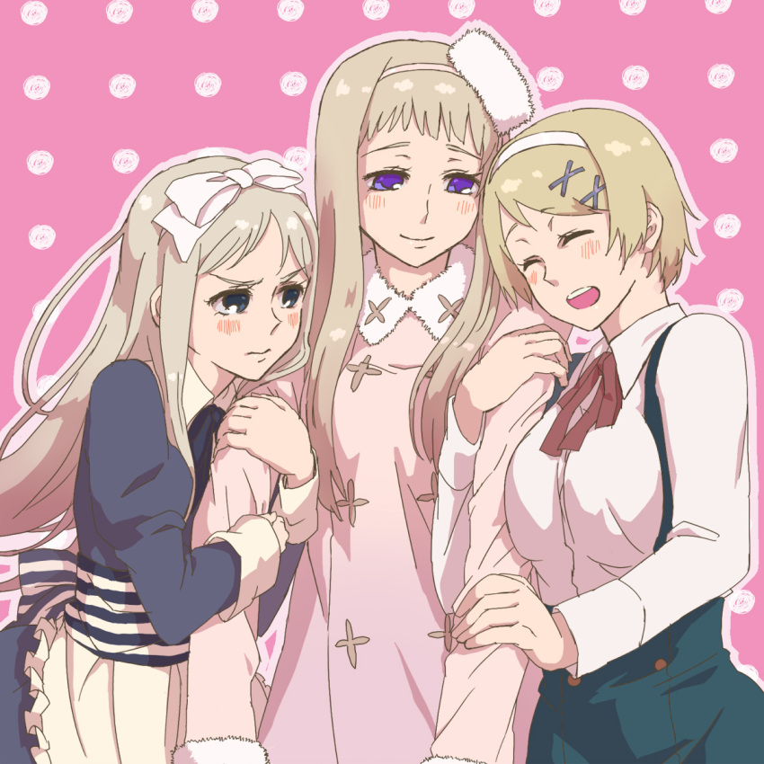 3girls, axis_powers_hetalia, bad_id, bad_pixiv_id, belarus_(hetalia), blonde_hair, blue_eyes, blush, bow, closed_eyes, coat, gender_request, genderswap, hair_bow, hair_ornament, hairclip, hat, headband, highres, kanno_miiyu, long_hair, multiple_girls, purple_eyes, russia_(female)_(hetalia), russia_(hetalia), short_hair, siblings, sisters, ukraine_(hetalia)
