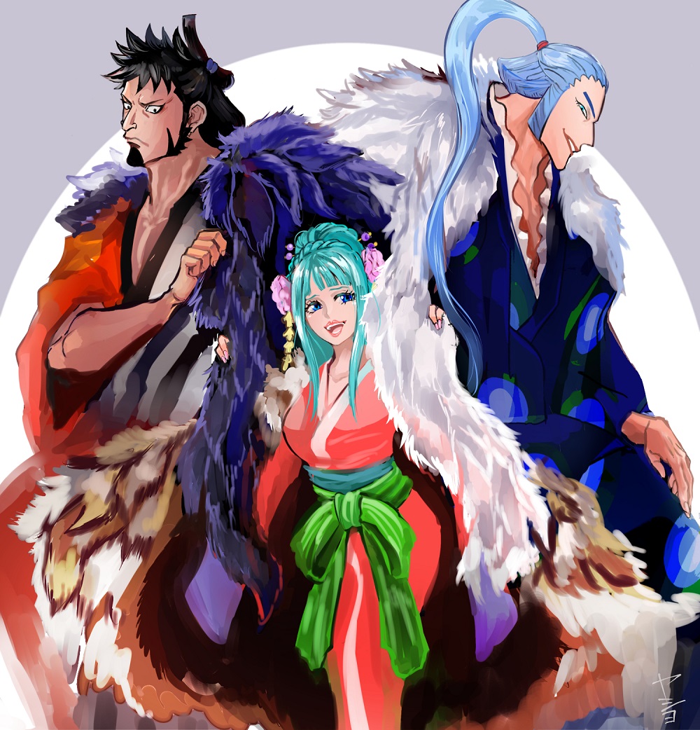 1girl, 2boys, aqua_hair, black_eyes, black_hair, blue_eyes, blue_hair, closed_mouth