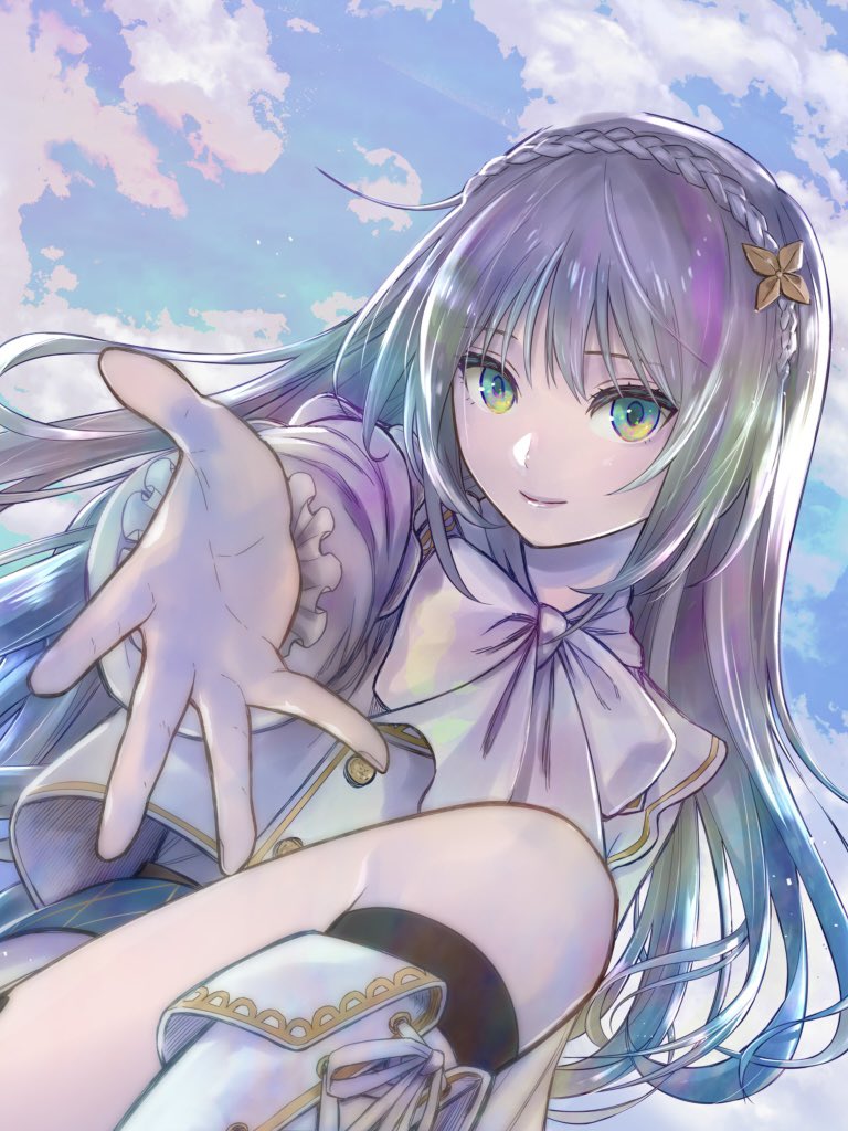 blue_sky, boots, bow, bowtie, braid, cloud, cloudy_sky, crown_braid