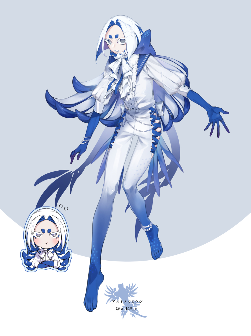 1boy, absurdres, androgynous, anklet, ascot, blue_bow, blue_hair, blue_theme