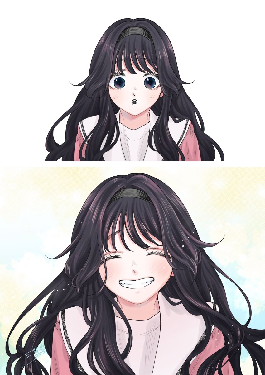 1girl, :o, ^_^, absurdres, black_hair, black_hairband, closed_eyes, grin