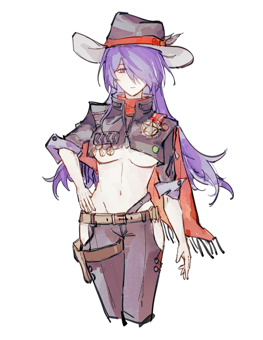 absurdres, acheron_(honkai:_star_rail), balaluob, belt, black_feathers, black_hat, black_jacket, black_pants, boothill_(honkai:_star_rail), boothill_(honkai:_star_rail)_(cosplay), breasts, brown_belt, chinese_commentary, closed_mouth, clothing_cutout, commentary_request, cosplay, cowboy_hat, cropped_jacket, cropped_legs, feathers, groin, hair_over_one_eye, hand_on_own_hip, hat, hat_feather, highres, hip_vent, holster, honkai:_star_rail, honkai_(series), jacket, long_hair, looking_at_viewer, medium_breasts, multicolored_hair, navel, pants, purple_eyes, purple_hair, red_scarf, scarf, simple_background, sleeves_rolled_up, stomach, streaked_hair, thigh_holster, thigh_strap, underboob, white_background