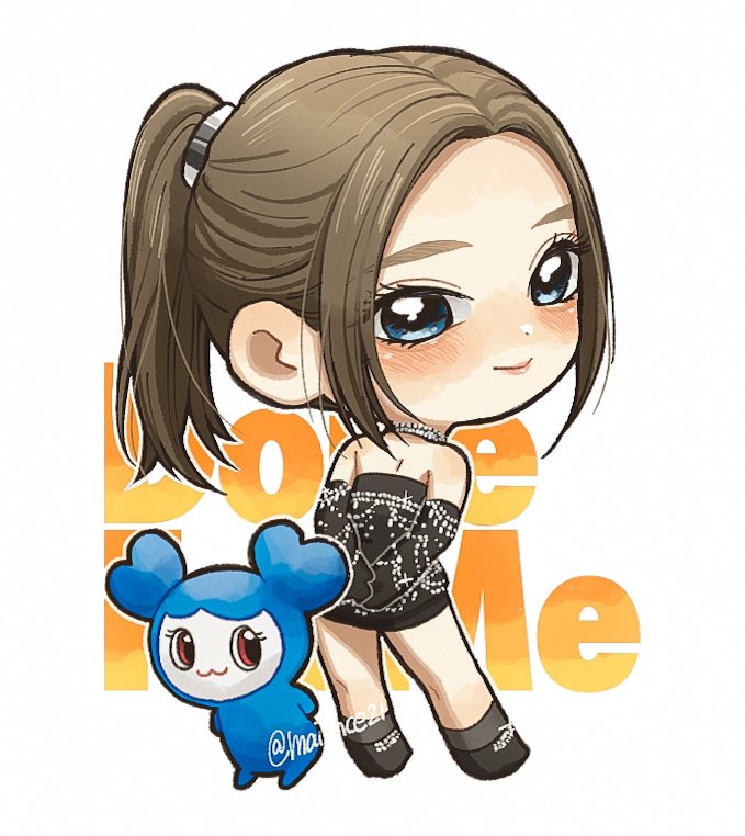 1girl, animification, black_dress, black_footwear, blue_eyes, brown_hair, chibi, choker